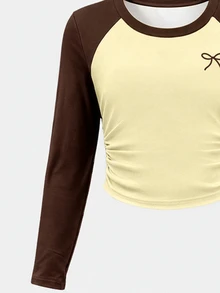 Tween Girls Autumn Fashion Premium Yellow & Brown Bow Waist Gathered Long Sleeve T-Shirt & Wide Leg Pants Set, Fall Outfits - Multicolor - View 6