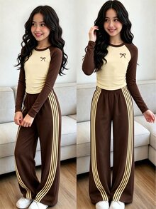 Tween Girls Autumn Fashion Premium Yellow & Brown Bow Waist Gathered Long Sleeve T-Shirt & Wide Leg Pants Set, Fall Outfits - Multicolor - View 5