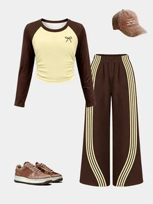 Tween Girls Autumn Fashion Premium Yellow & Brown Bow Waist Gathered Long Sleeve T-Shirt & Wide Leg Pants Set, Fall Outfits - Multicolor - View 2