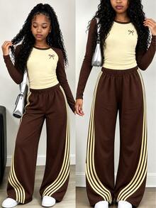 Tween Girls Autumn Fashion Premium Yellow & Brown Bow Waist Gathered Long Sleeve T-Shirt & Wide Leg Pants Set, Fall Outfits - Multicolor - View 1