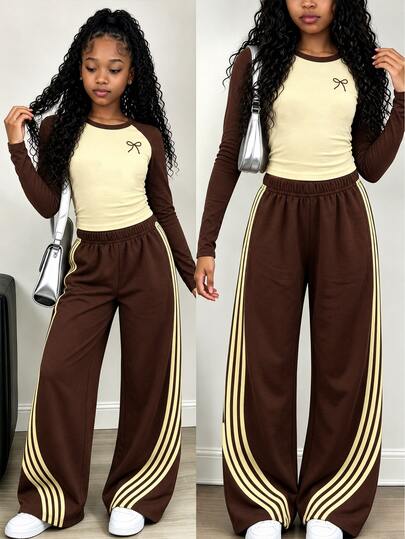 Tween Girls Autumn Fashion Premium Yellow & Brown Bow Waist Gathered Long Sleeve T-Shirt & Wide Leg Pants Set, Fall Outfits