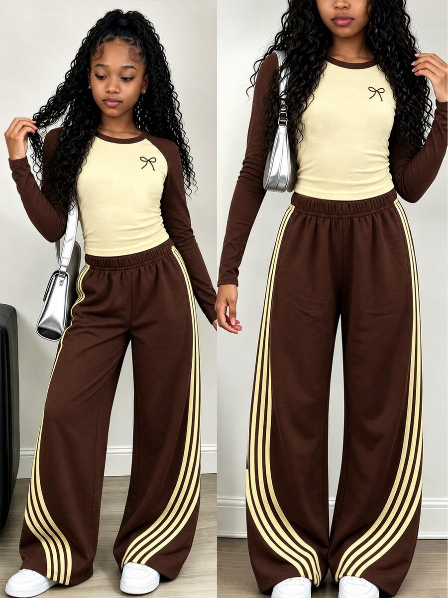 Tween Girls Autumn Fashion Premium Yellow & Brown Bow Waist Gathered Long Sleeve T-Shirt & Wide Leg Pants Set, Fall Outfits - Multicolor - View 1