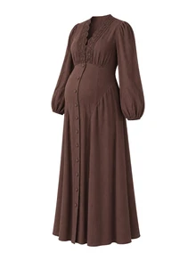 Momance Maternity Dress Elegant Elegant Lantern Long Sleeve Lace Collar V-Neck Bustier Design Front Button A-Line Hem Coffee Color Dress - Coffee Brown - View 7