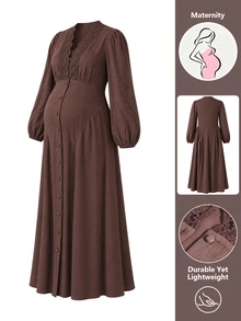 Momance Maternity Dress Elegant Elegant Lantern Long Sleeve Lace Collar V-Neck Bustier Design Front Button A-Line Hem Coffee Color Dress - Coffee Brown - View 5