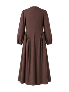 Momance Maternity Dress Elegant Elegant Lantern Long Sleeve Lace Collar V-Neck Bustier Design Front Button A-Line Hem Coffee Color Dress - Coffee Brown - View 6