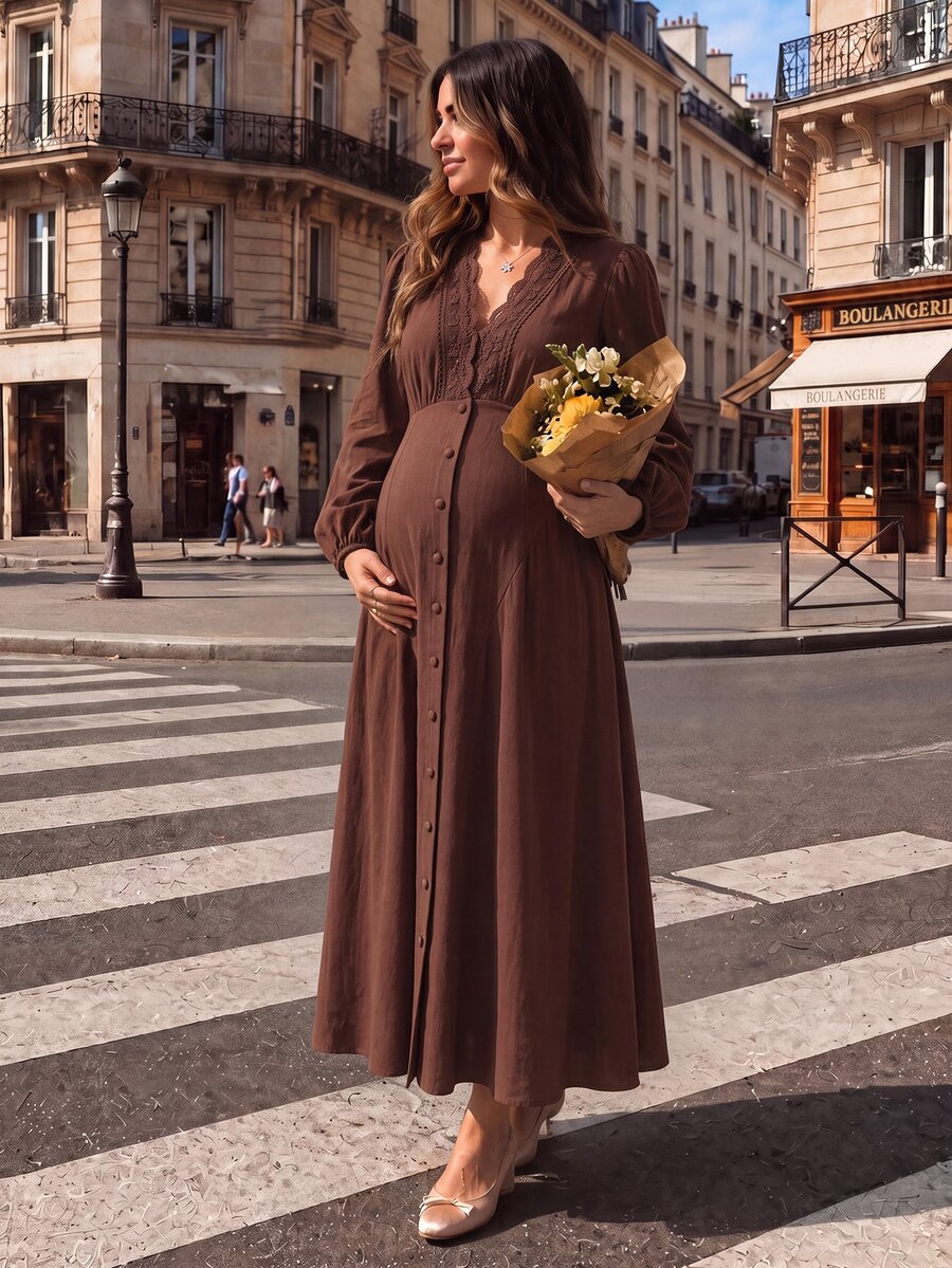 Momance Maternity Dress Elegant Elegant Lantern Long Sleeve Lace Collar V-Neck Bustier Design Front Button A-Line Hem Coffee Color Dress - Coffee Brown - View 1