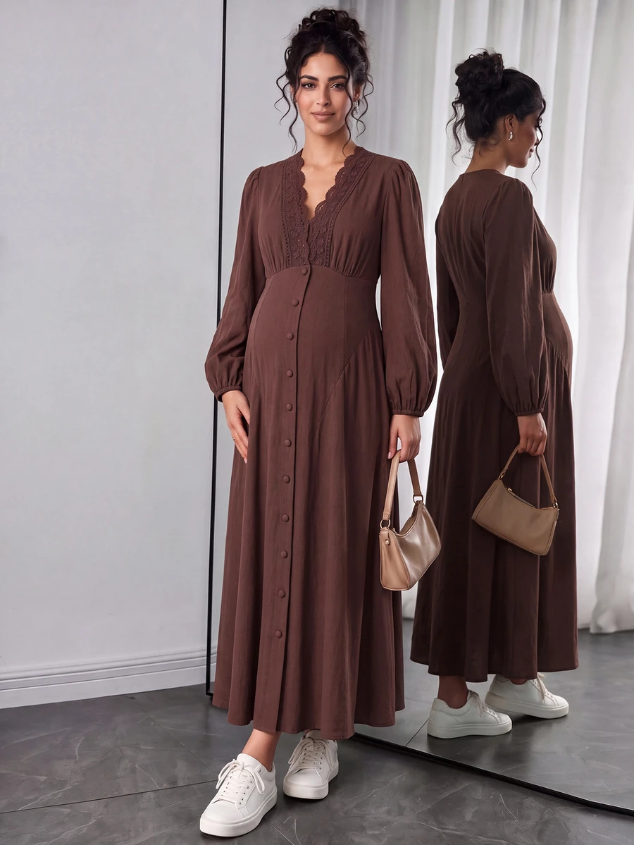 Momance Maternity Dress Elegant Elegant Lantern Long Sleeve Lace Collar V-Neck Bustier Design Front Button A-Line Hem Coffee Color Dress Fall - Coffee Brown - View 1