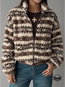 Women's Long Sleeve Zipper Front Casual Vintage Geometric Pattern Fleece Jacket - Mocha Brown - View 8