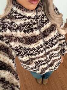 Women's Long Sleeve Zipper Front Casual Vintage Geometric Pattern Fleece Jacket - Mocha Brown - View 6