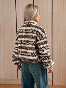 Women's Long Sleeve Zipper Front Casual Vintage Geometric Pattern Fleece Jacket - Mocha Brown - View 2