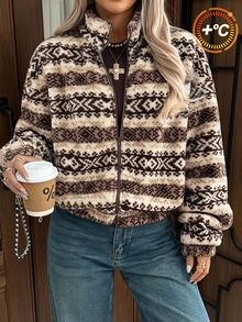 Women's Long Sleeve Zipper Front Casual Vintage Geometric Pattern Fleece Jacket - Mocha Brown - View 10