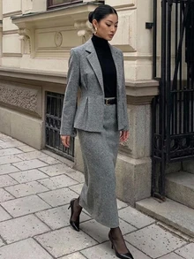 DAZY Autumn/Winter Grey Lapel Blazer & Ruffle Waist Overcoat & Skirt Set, Elegant Commute Business Office Wedding Women 2 Pieces Outfit - Dark Grey - View 5