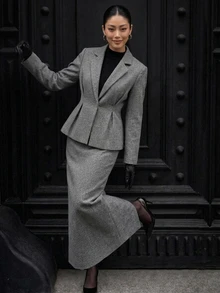 DAZY Autumn/Winter Grey Lapel Blazer & Ruffle Waist Overcoat & Skirt Set, Elegant Commute Business Office Wedding Women 2 Pieces Outfit - Dark Grey - View 4