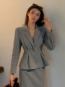 DAZY Autumn/Winter Grey Lapel Blazer & Ruffle Waist Overcoat & Skirt Set, Elegant Commute Business Office Wedding Women 2 Pieces Outfit - Dark Grey - View 6