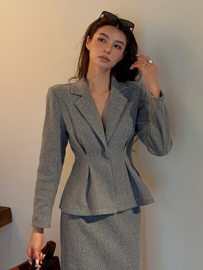 DAZY Autumn/Winter Grey Lapel Blazer & Ruffle Waist Overcoat & Skirt Set, Elegant Commute Business Office Wedding Women 2 Pieces Outfit