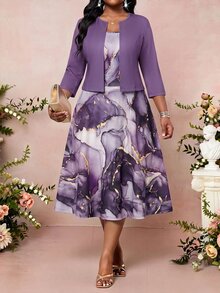 SHEIN Lady Plus Size Elegant Celestial Party Dinner Formal Cropped Top Marble Print Dress 2 Pieces Set Wedding Violet Light Purple Summer Fall - Purple - View 5