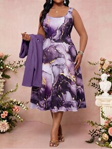 SHEIN Lady Plus Size Elegant Celestial Party Dinner Formal Cropped Top Marble Print Dress 2 Pieces Set Wedding Violet Light Purple Summer Fall - Purple - View 3