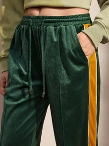 Nima Coro Women's Drawstring Waist Colorblock Casual Daily Long Pants - Dark Green - View 1