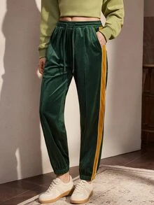 Nima Coro Women's Drawstring Waist Colorblock Casual Daily Long Pants - Dark Green - View 3