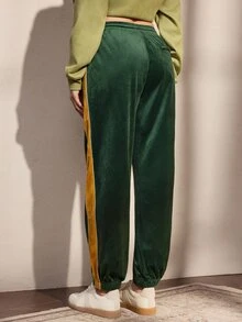 Nima Coro Women's Drawstring Waist Colorblock Casual Daily Long Pants - Dark Green - View 2