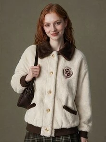 Elnivra Jaket Wanita Motif Patchwork Berwarna-warni dengan Hiasan Bulu - MultiWarna - View 7