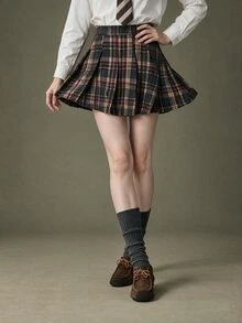 Elnivra 女款韓式時尚格紋百褶迷你裙 - 彩色 - 查看 3