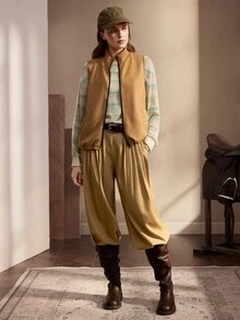 Nima Coro Women's Casual Loose Zipper Front Vest Jacket - Khaki - View 3
