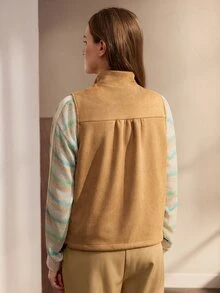 Nima Coro Women's Casual Loose Zipper Front Vest Jacket - Khaki - View 2