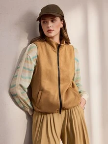 Nima Coro Women's Casual Loose Zipper Front Vest Jacket - Khaki - View 7