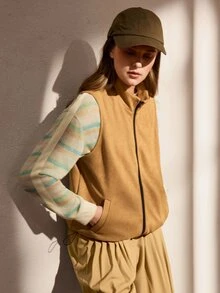 Nima Coro Women's Casual Loose Zipper Front Vest Jacket - Khaki - View 8