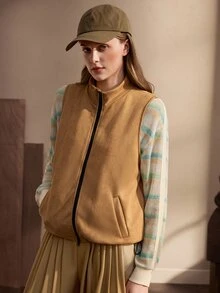 Nima Coro Women's Casual Loose Zipper Front Vest Jacket - Khaki - View 5