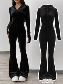 SHEIN Tween Girl Black And Silver Y2k Velvet Hooded Jumpsuit, Winter City Break Rhinestone Zipper Back Slim Flared Pants, Tween Girl Bell Bottoms Fall Outfits - Black - View 2