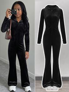 SHEIN Tween Girl Black And Silver Y2k Velvet Hooded Jumpsuit, Winter City Break Rhinestone Zipper Back Slim Flared Pants, Tween Girl Bell Bottoms Fall Outfits - Black - View 4