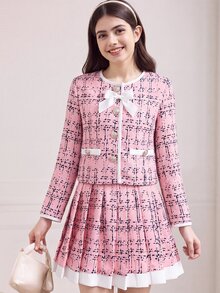 SHEIN 女童小女孩優雅通勤圓領撞色蝴蝶結夾克與裙子套裝 - 粉色 - 查看 6