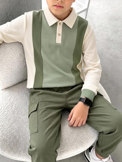 SHEIN Kids Tween Boy Casual Sports Colorblock Patchwork Khaki Long Sleeve Polo, Basic Top, Suitable For Fall/Winter, Christmas, Halloween, School, Family Gathering, Vacation, Party, FallOutfit, WinterOutfit