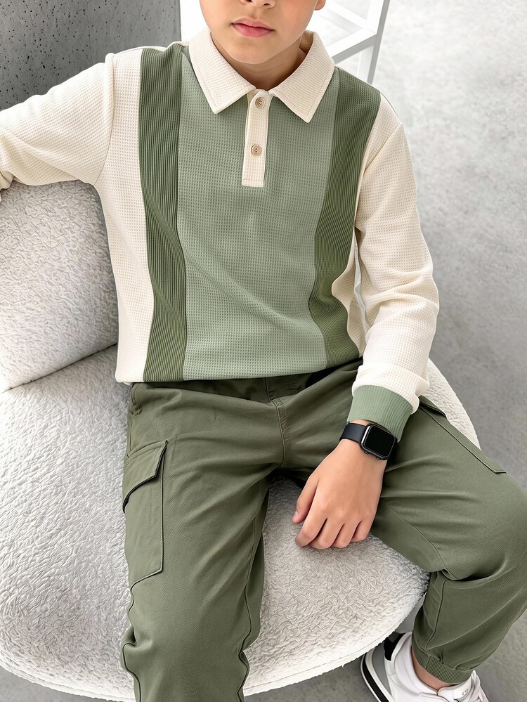 SHEIN Kids Tween Boy Casual Sports Colorblock Patchwork Khaki Long Sleeve Polo, Basic Top, Suitable For Fall/Winter, Christmas, Halloween, School, Family Gathering, Vacation, Party, FallOutfit, WinterOutfit - Multicolor - View 1