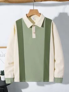 SHEIN 兒童青少年男孩休閒運動拼接色塊卡其色長袖 Polo 衫，基礎上衣，適合秋冬、聖誕節、萬聖節、學校、家庭聚會、度假、派對，秋季穿搭，冬季穿搭 - 彩色 - 查看 2
