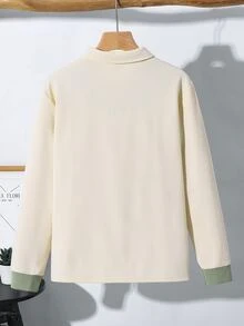 SHEIN 兒童青少年男孩休閒運動拼接色塊卡其色長袖 Polo 衫，基礎上衣，適合秋冬、聖誕節、萬聖節、學校、家庭聚會、度假、派對，秋季穿搭，冬季穿搭 - 彩色 - 查看 3