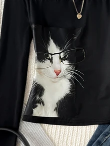 Teen Girls Teen Girl Knitted Black Cat Print Off-Shoulder Long Sleeve Casual T-Shirt - Black - View 4
