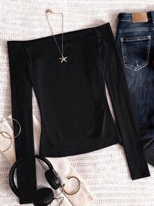 Teen Girls Teen Girl Knitted Black Cat Print Off-Shoulder Long Sleeve Casual T-Shirt - Black - View 3