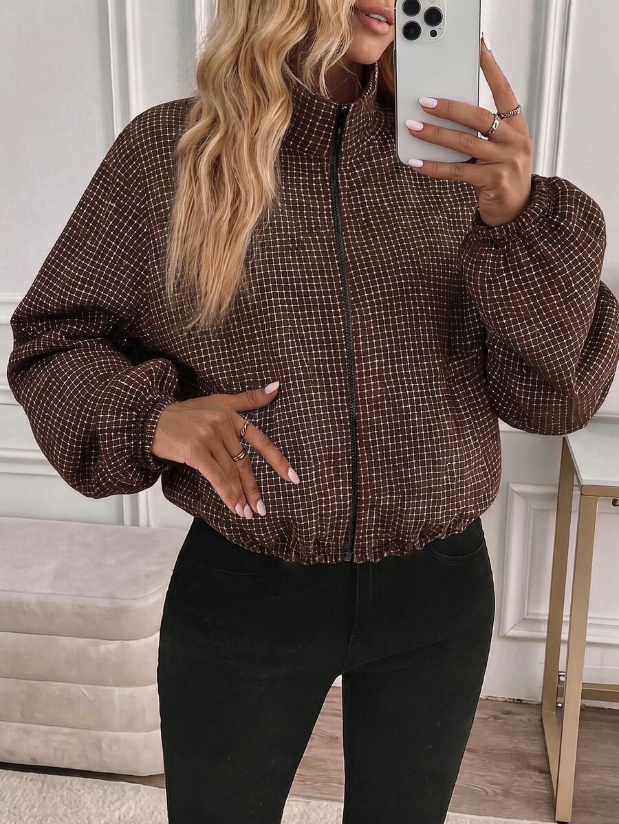 Easowa Women's Printed Plaid Zipper Elastic Long Sleeve Casual Hooded Sweatshirt Jacket, Suitable For Autumn/Winter - Multicolor - View 1