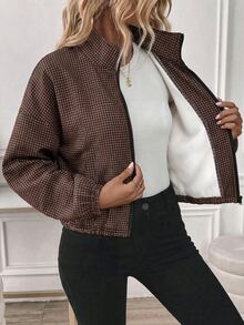 Easowa Women's Printed Plaid Zipper Elastic Long Sleeve Casual Hooded Sweatshirt Jacket, Suitable For Autumn/Winter - Multicolor - View 6
