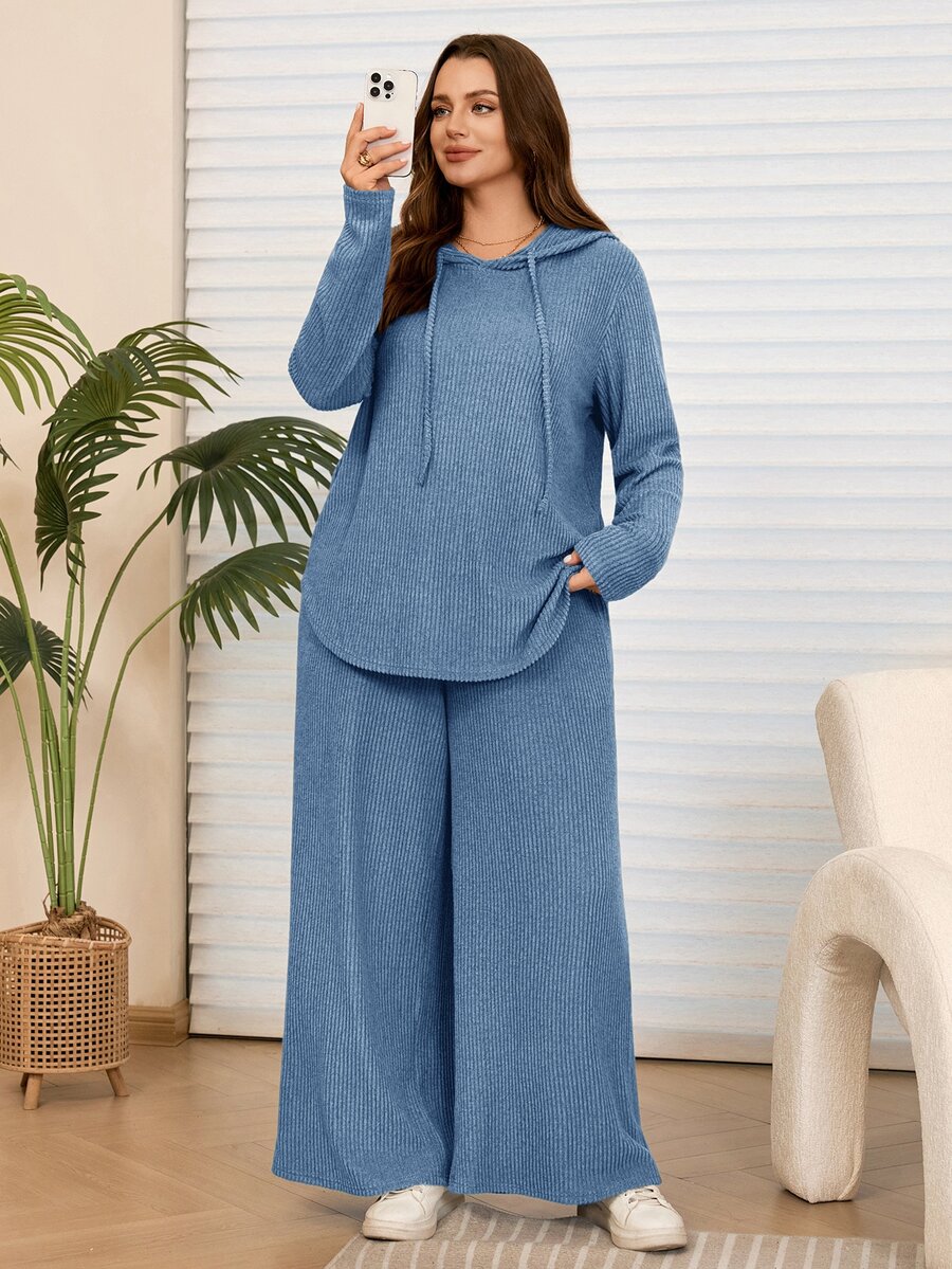 Rosumi 2件組大尺碼女款灰色秋季修身休閒居家連帽衛衣與寬腿口袋長褲套裝,優雅端莊日常穿搭 - 藍色 - 查看 1