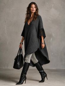 Solivie Women's Autumn Long Sweater Asymmetrical Design V-Neck Winter Clothes Going Out Everyday Date Tops Workwear For Women Office Dark Grey Casual - Dark Grey - View 4