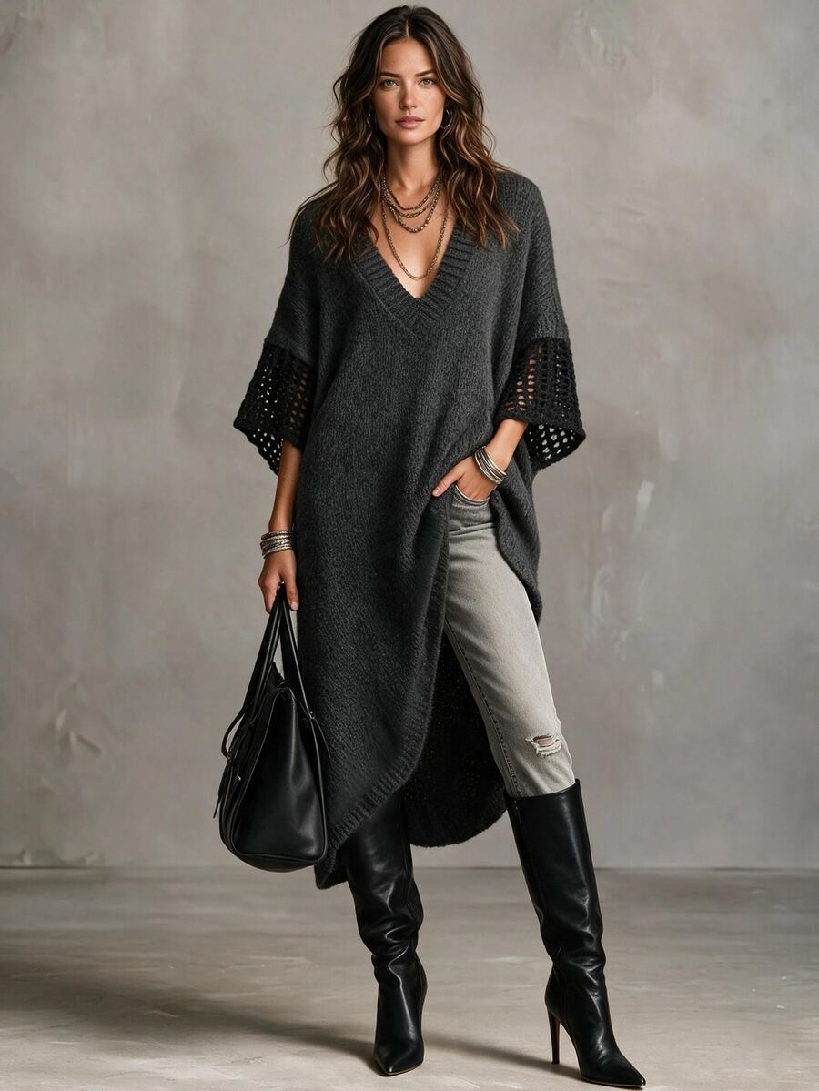 Solivie Women's Autumn Long Sweater Asymmetrical Design V-Neck Winter Clothes Going Out Everyday Date Tops Workwear For Women Office Dark Grey Casual - Dark Grey - View 1