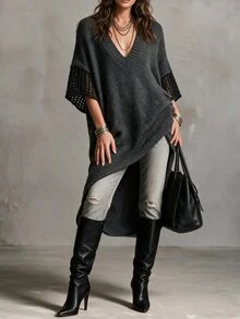 Solivie Women's Autumn Long Sweater Asymmetrical Design V-Neck Winter Clothes Going Out Everyday Date Tops Workwear For Women Office Dark Grey Casual - Dark Grey - View 5