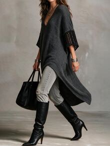 Solivie Women's Autumn Long Sweater Asymmetrical Design V-Neck Winter Clothes Going Out Everyday Date Tops Workwear For Women Office Dark Grey Casual - Dark Grey - View 6