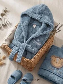 Cozy Pixies Kids Baby Boy Casual Daily Comfortable Embroidered Plush Hooded Open Front Long Sleeve Morning Robe Loungewear Autumn Winter - Blue - View 1