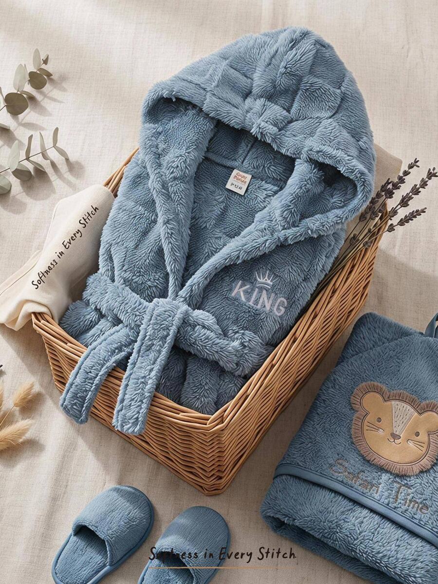 Cozy Pixies Kids Baby Boy Casual Daily Comfortable Embroidered Plush Hooded Open Front Long Sleeve Morning Robe Loungewear Autumn Winter - Blue - View 1