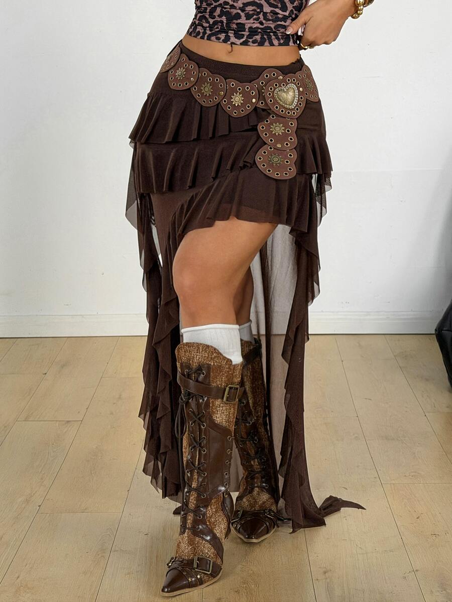 Coolane Women's Summer Concert Streetwear Vacation Boho Y2K Country Concert Gyaru Lace Asymmetrical Ruffle Hem Low Rise Long Skirts - Brown - View 1
